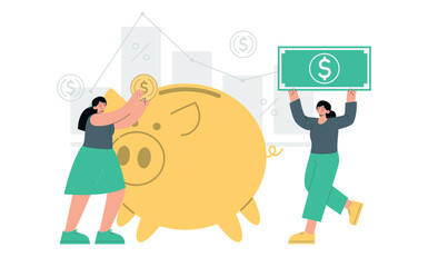 People save money via piggy bank. Finance and business operations. Dollar value chart. Flat vector minimalist illustrations