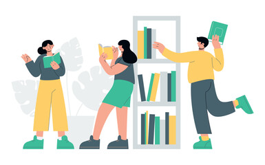 People in library. Learning and reading books. Knowledge and information. Flat vector minimalist illustrations
