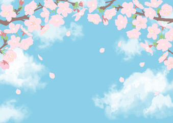 Fototapeta na wymiar 青空に花びらが舞う桜の花のトンネルフレーム　A4サイズ横型