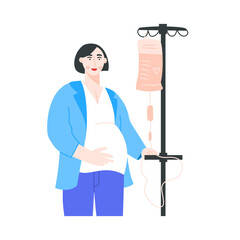 Portrait of woman standing with vitamin drip on a white background. Pregnant female patient with the IV dropper during treatment at clinic. Vector flat illustration