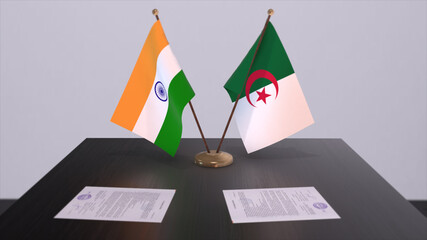 Algeria and India national flags. Partnership deal 3D illustration, politics and business agreement cooperation