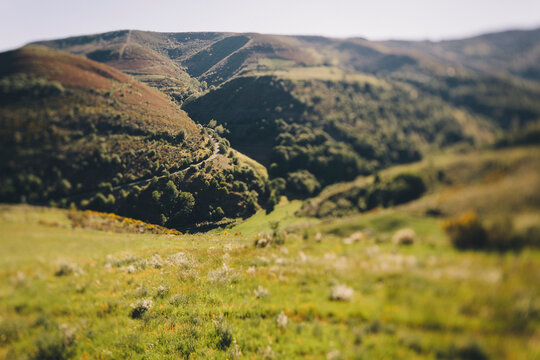 Green rolling hills and a distant road comprise a north Spanish landscape.