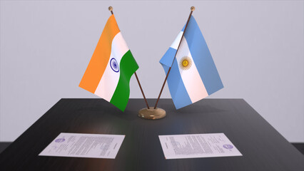 Argentina and India national flags. Partnership deal 3D illustration, politics and business agreement cooperation