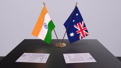 Australia and India national flags. Partnership deal 3D illustration, politics and business agreement cooperation