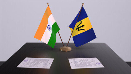 Barbados and India national flags. Partnership deal 3D illustration, politics and business agreement cooperation