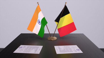 Belgium and India national flags. Partnership deal 3D illustration, politics and business agreement cooperation