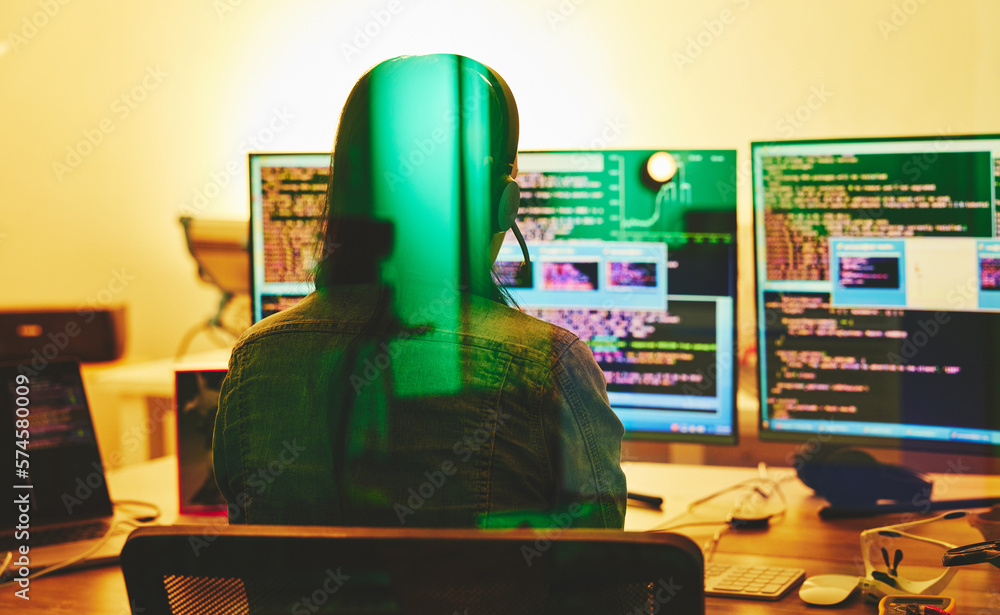 Leinwandbilder Developer headset, computer screen or neon coding on cybersecurity ransomware, night phishing or code programming. Programmer, hacker or woman on technology for dark software, iot gdpr or safety scam
