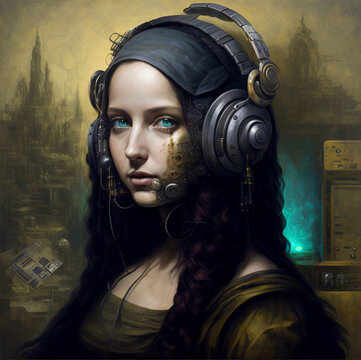 Futuristic portrait of Monalisa wearing futuristic headphones, AI Generated
