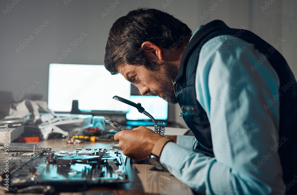 Poster information technology, circuit board or man fixing motherboard, electronics hardware or semiconduct