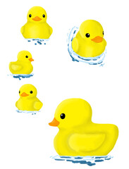 Yellow duck swimming illustration on white background. Perfect for art, postcards, cards, wall decor, t-shirts, cards, prints, drawing books,ect.