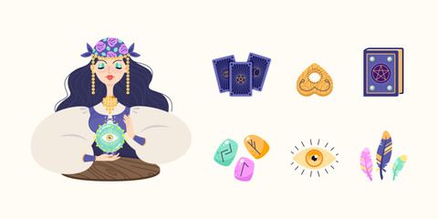 Magic and fortune telling set. Cartoon illustrations of a beautiful girl reading the future by seeing crystal ball with all-seeing eye and a collection of magic accessories. Vector 10 EPS.
