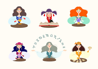 Set of fortune teller female characters. Cartoon illustration of a beautiful girls telling the future by seeing magic ball, zodiac signs, magic book and using coffee grounds. Vector 10 EPS.
