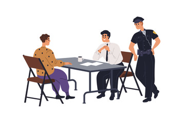 Police officer, detective and criminal during interrogation, sitting at table. Cops, policeman interrogating suspect detainee in office. Flat vector illustration isolated on white background