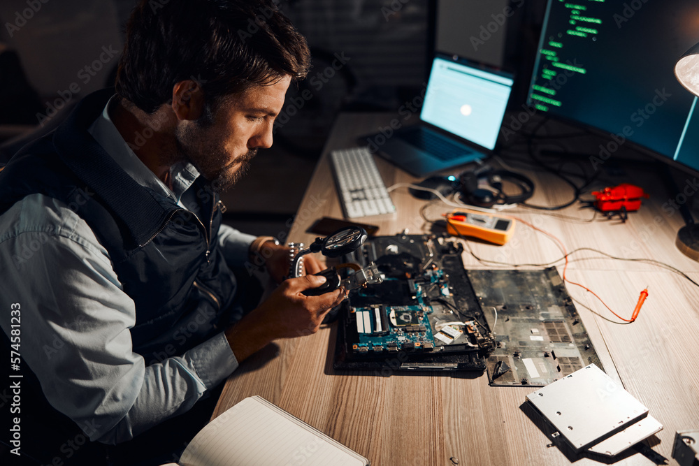 Poster night, technician and working on motherboard repair overtime and manufacturing an electronic device 