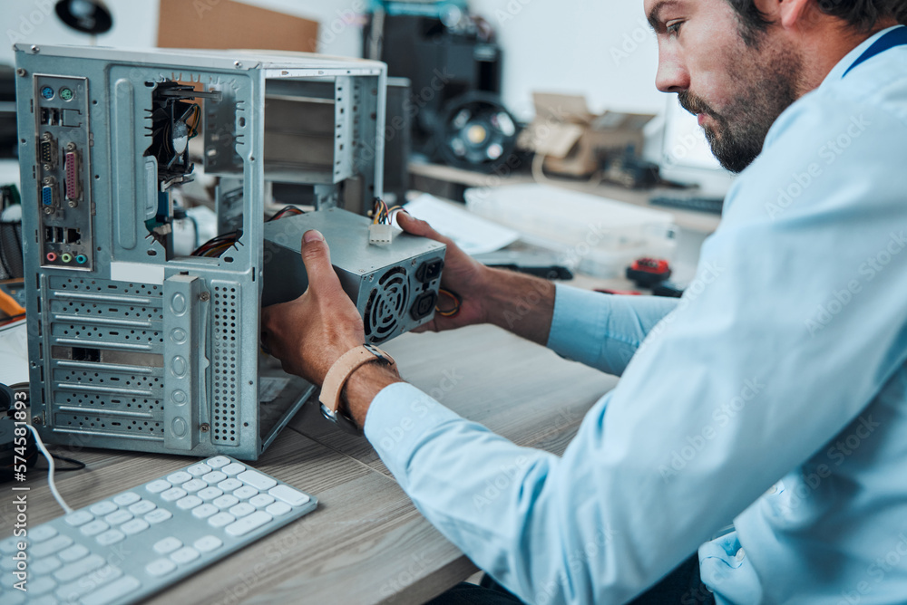 Aufkleber engineering, technician and man fixing the hardware of a computer in workshop or office. it, technol
