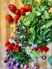 Salad greens tomatoes basil onions raddish on cutting board