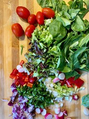 Salad greens tomatoes basil onions raddish on cutting board