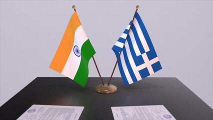 Greece and India national flags. Partnership deal 3D illustration, politics and business agreement cooperation