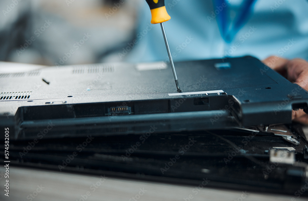 Poster laptop, technician and fixing with screwdriver, technology maintenance and repair hardware of pc. te