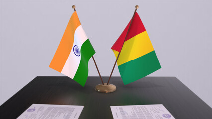 Fototapeta premium Guinea and India national flags. Partnership deal 3D illustration, politics and business agreement cooperation