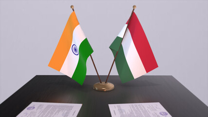 Hungary and India national flags. Partnership deal 3D illustration, politics and business agreement cooperation