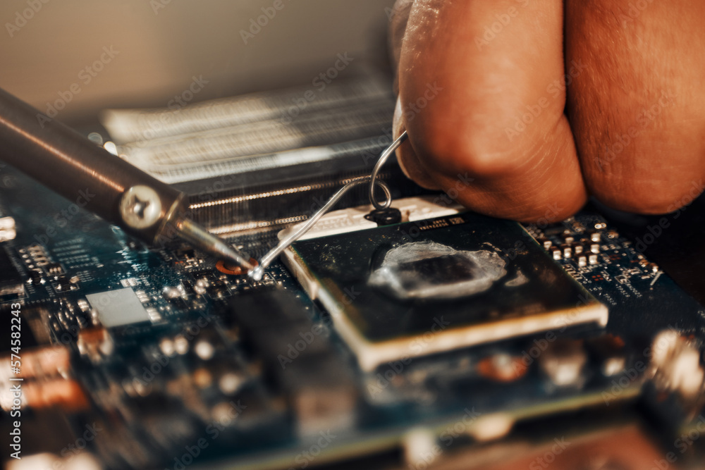 Poster Hands, motherboard soldering and man repair hardware circuit, electronics or semiconductor. CPU system maintenance, service industry closeup or information technology worker fix microchip in tech lab