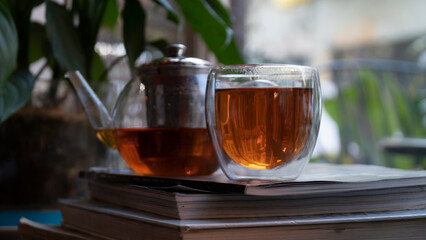 Red rooibos tea in a pot and in a glass mug on the magazine pile. There is a window and plants too.