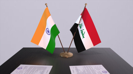 Iraq and India national flags. Partnership deal 3D illustration, politics and business agreement cooperation