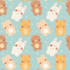Cute Bear ,Rabbit and Cat on blue background. Seamless Pattern Hand drawn for spring or summer textiles, banners, wallpaper, wrapping. Cartoon Animals toddler wallpaper.