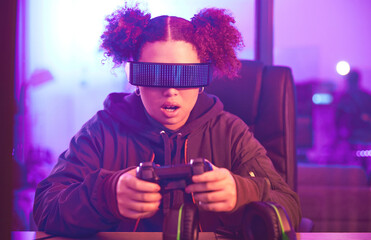 Night, virtual reality and gaming girl with joystick, innovation and vr metaverse in neon lighting....