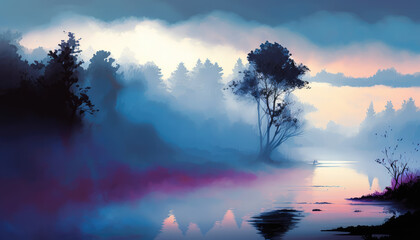 "Mystical River" mesmerizing and minimalist river landscape with a mystical and enchanting mood. River is shrouded in colorful and dense fog, otherworldly atmosphere - a stunning wallpaper background