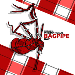 A typical Scottish musical instrument commonly called the bagpipe with bold text on white background to commemorate International Bagpipe Day on March 10