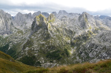Fototapeta premium The mountains of the Prokletije National Park in the autumn near the Grebaje Valley of Montenegro. The Accursed Mountains. Albanian Alps.