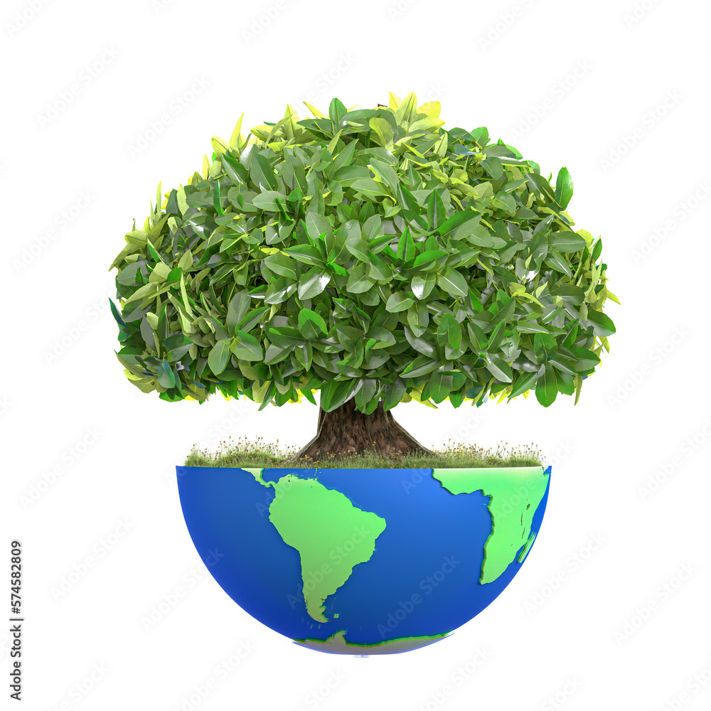 Poster big tree on half globe on transparent background. environment and energy concept. minimal style, 3d 