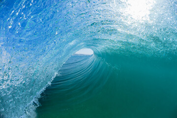 Wave Ocean Swimming Encounter Surfing Perspective Inside Hollow Blue Water. - 574583214