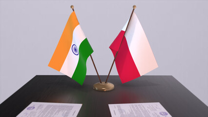 Poland and India national flags. Partnership deal 3D illustration, politics and business agreement cooperation