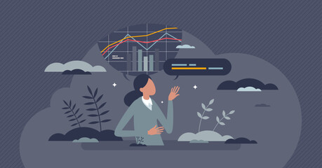 Financial analysis as financier company data presentation tiny person concept. Money report, annual budget analyzing and sales profit visualization by trade business accountant vector illustration.
