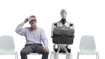 Man and robot waiting for a job interview