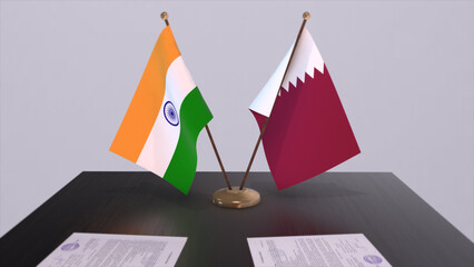 Qatar and India national flags. Partnership deal 3D illustration, politics and business agreement cooperation