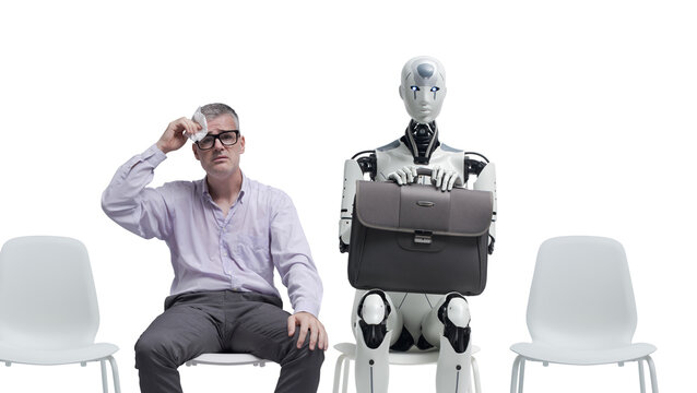Man and robot waiting for a job interview
