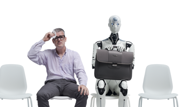 Man and robot waiting for a job interview
