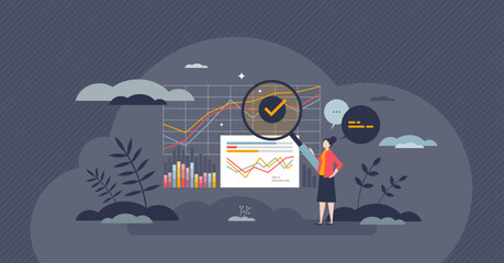 Financial analysis and accounting for company data report tiny person concept. Money turnover, sales profit, investment earnings or annual budget calculation with chart diagrams vector illustration.
