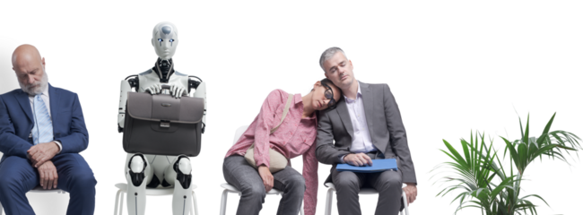 Tired job applicants and android robot