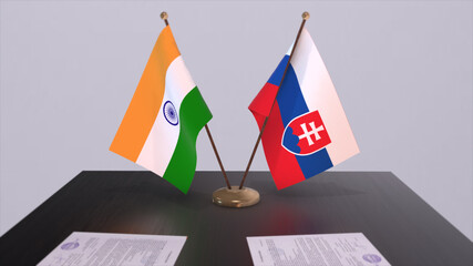 Slovakia and India national flags. Partnership deal 3D illustration, politics and business agreement cooperation