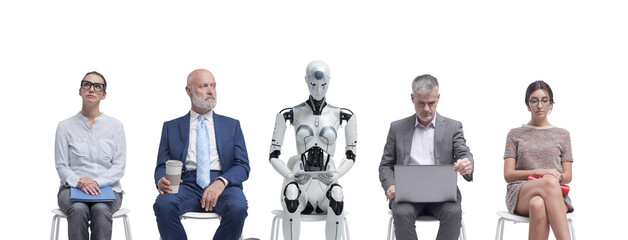 Business people and humanoid robot waiting for a job interview - obrazy, fototapety, plakaty