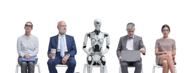 Business people and humanoid robot waiting for a job interview