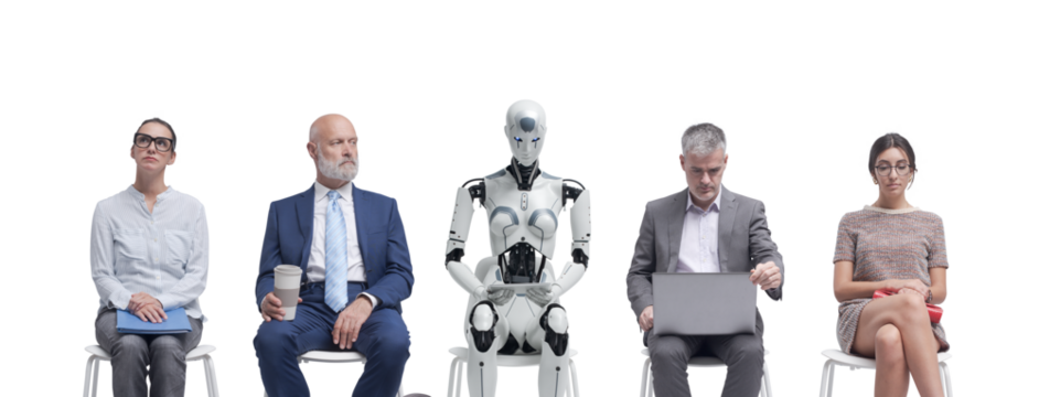 Business people and humanoid robot waiting for a job interview