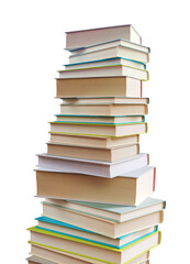 Many stacked books on white background