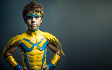 Fototapeta na wymiar little boy proudly dressed as superhero with costume - theme success, childhood or career - Generative AI