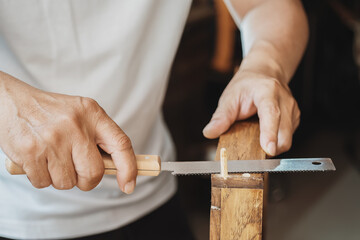 Carpenter using Japanese saw or pull saw , Cutting Wooden Dowels  on wood on table , DIY maker and woodworking concept. selective focus - Powered by Adobe